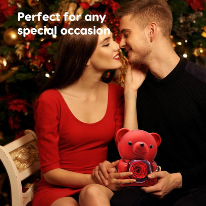 ETERNAL ROSE BEAR + 18K GOLD NECKLACE+ 925 SILVER RING