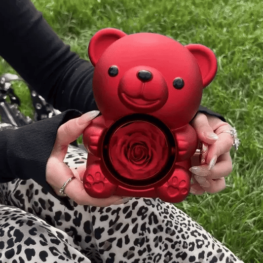 ETERNAL ROSE BEAR + 18K GOLD NECKLACE+ 925 SILVER RING