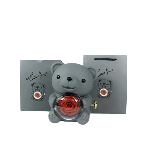 ETERNAL ROSE BEAR + 18K GOLD NECKLACE+ 925 SILVER RING