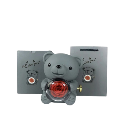 ETERNAL ROSE BEAR + 18K GOLD NECKLACE+ 925 SILVER RING