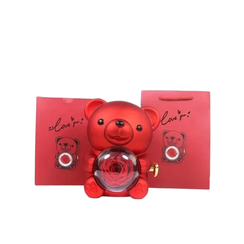 ETERNAL ROSE BEAR + 18K GOLD NECKLACE+ 925 SILVER RING