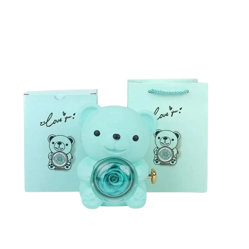 ETERNAL ROSE BEAR + 18K GOLD NECKLACE+ 925 SILVER RING