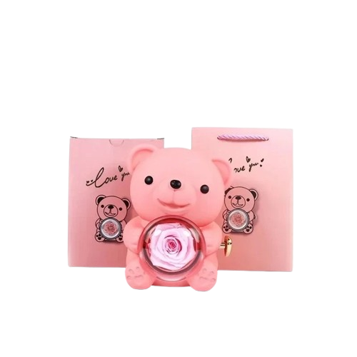 ETERNAL ROSE BEAR + 18K GOLD NECKLACE+ 925 SILVER RING