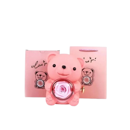 ETERNAL ROSE BEAR + 18K GOLD NECKLACE+ 925 SILVER RING