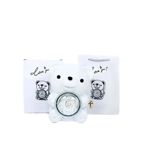 ETERNAL ROSE BEAR + 18K GOLD NECKLACE+ 925 SILVER RING